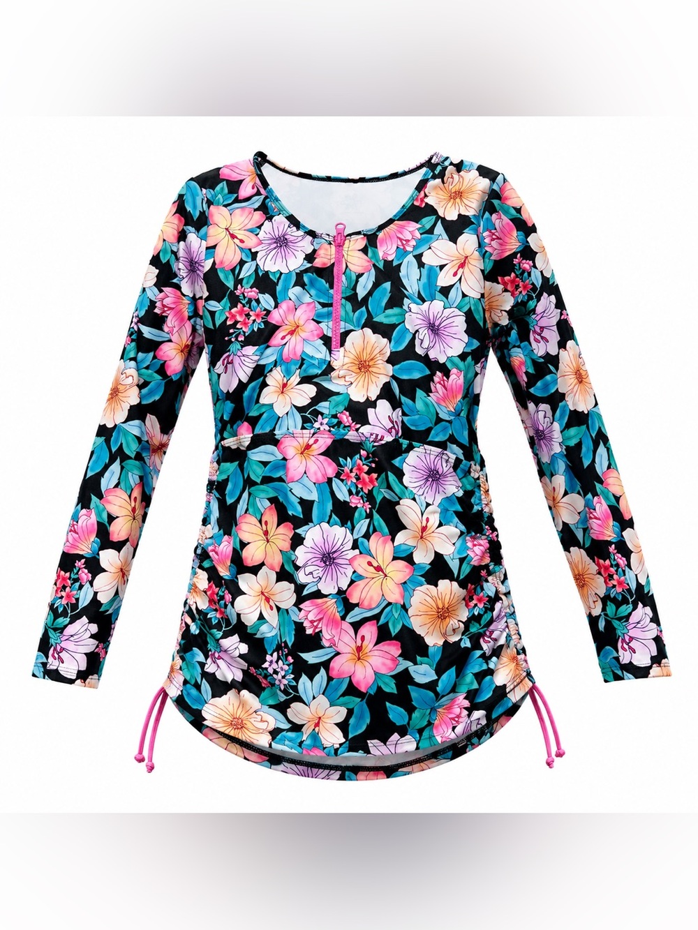 Black Floral Long-Sleeve Ruched Mini Dress - Black Multi SPF